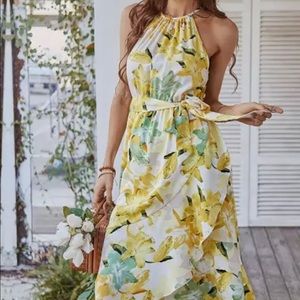 Small floral summer maxi dress with tie waist